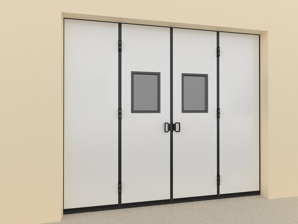 Aluminiy ramkali deraza, ichki qismini shaffof polikarbonat bilan to'ldirilgan, qalinligi 3 mm. Ramkaning standart rangi – RAL 9005 (qora).